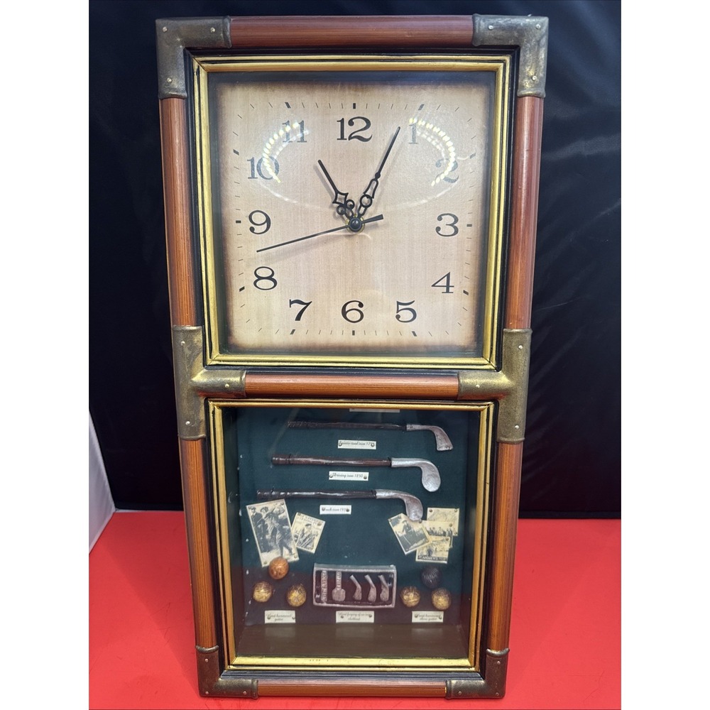 Vtg Looking Shadowbox Wood And‎ Brass Accent Clock History Of Golf Tested